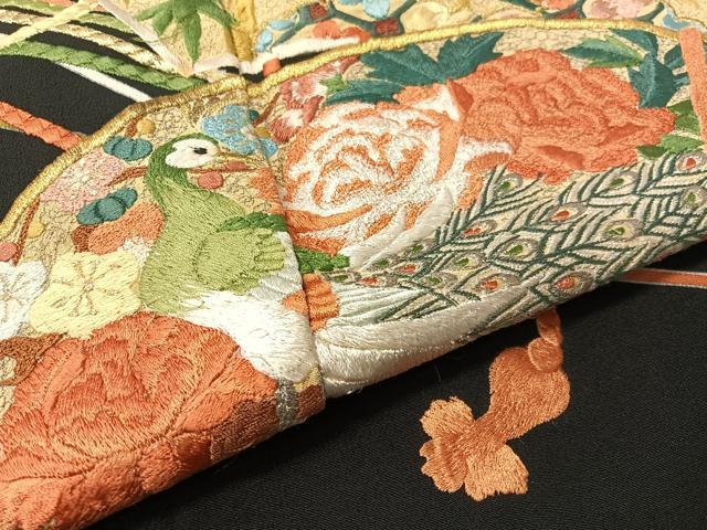 平和屋着物▼豪華黒留袖 総刺繍 扇面吉祥花鳥文 金銀糸 正絹 逸品 CABF0708vp