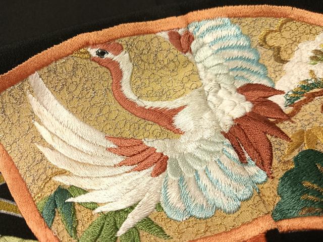 平和屋着物▼豪華黒留袖 総刺繍 扇面吉祥花鳥文 金銀糸 正絹 逸品 CABF0708vp