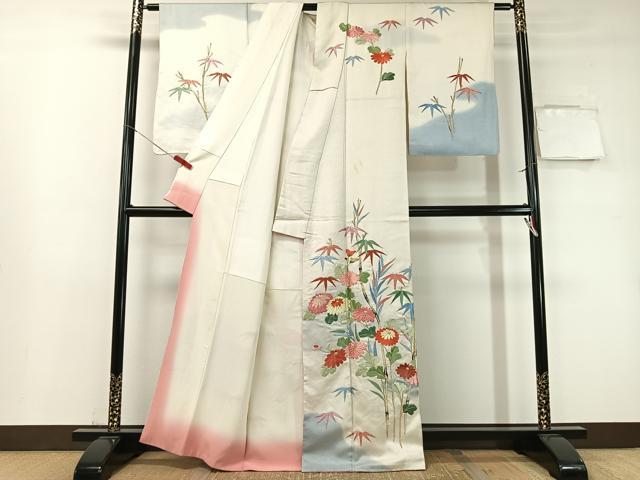 平和屋着物▼訪問着 総刺繍 笹丈菊文 暈し染め 金糸 正絹 逸品 CABF0740vp