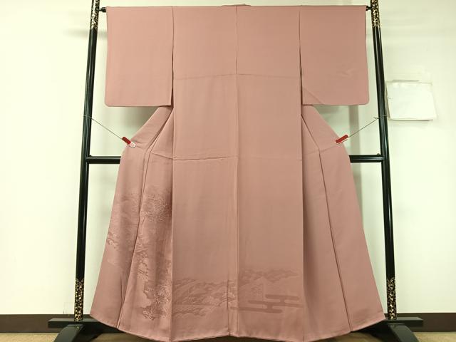 平和屋着物▼中国三大刺繍 スワトウ刺繍 無地絵羽訪問着 御所車風景花地紋 石竹色 正絹 逸品 CABF0749vp