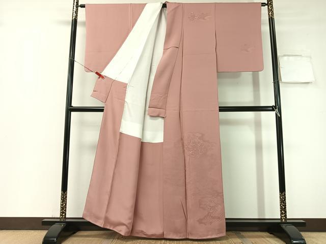 平和屋着物▼中国三大刺繍 スワトウ刺繍 無地絵羽訪問着 御所車風景花地紋 石竹色 正絹 逸品 CABF0749vp