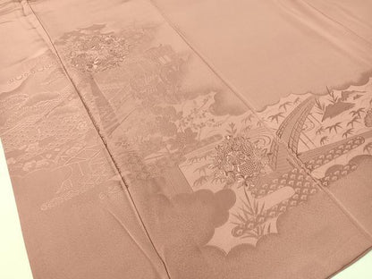 平和屋着物▼中国三大刺繍 スワトウ刺繍 無地絵羽訪問着 御所車風景花地紋 石竹色 正絹 逸品 CABF0749vp