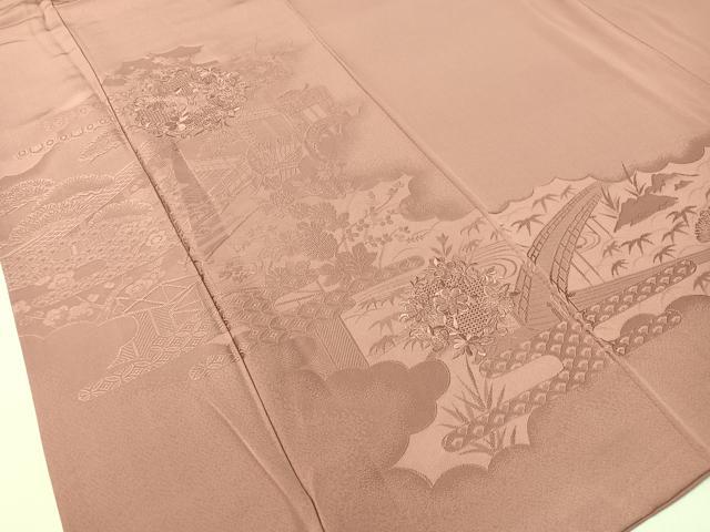 平和屋着物▼中国三大刺繍 スワトウ刺繍 無地絵羽訪問着 御所車風景花地紋 石竹色 正絹 逸品 CABF0749vp