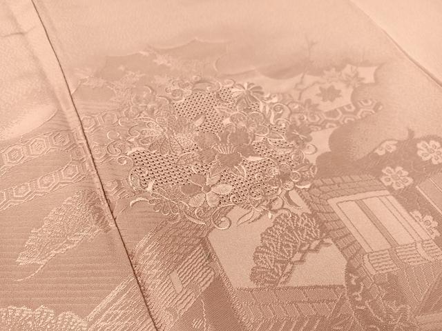 平和屋着物▼中国三大刺繍 スワトウ刺繍 無地絵羽訪問着 御所車風景花地紋 石竹色 正絹 逸品 CABF0749vp