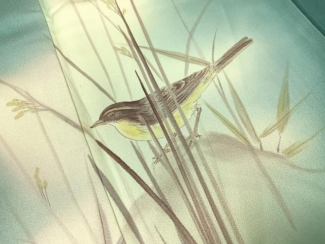 平和屋着物▼訪問着 手描き 休み鳥 暈し染め 正絹 逸品 CABF0750vp
