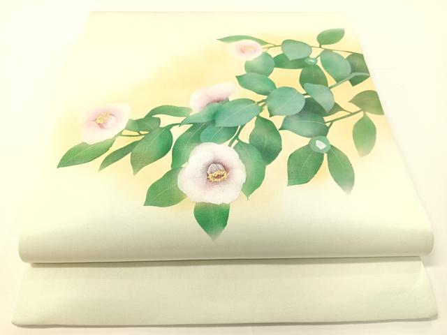 平和屋着物●塩瀬　九寸開き名古屋帯　手描き　枝椿　金彩　正絹　逸品　CABF0771vp