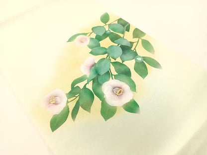 平和屋着物●塩瀬　九寸開き名古屋帯　手描き　枝椿　金彩　正絹　逸品　CABF0771vp
