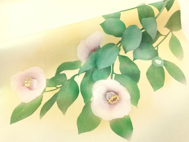 平和屋着物●塩瀬　九寸開き名古屋帯　手描き　枝椿　金彩　正絹　逸品　CABF0771vp