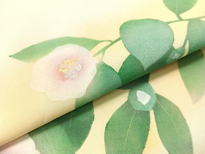 平和屋着物●塩瀬　九寸開き名古屋帯　手描き　枝椿　金彩　正絹　逸品　CABF0771vp