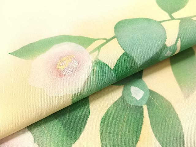 平和屋着物●塩瀬　九寸開き名古屋帯　手描き　枝椿　金彩　正絹　逸品　CABF0771vp