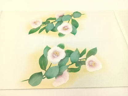 平和屋着物●塩瀬　九寸開き名古屋帯　手描き　枝椿　金彩　正絹　逸品　CABF0771vp