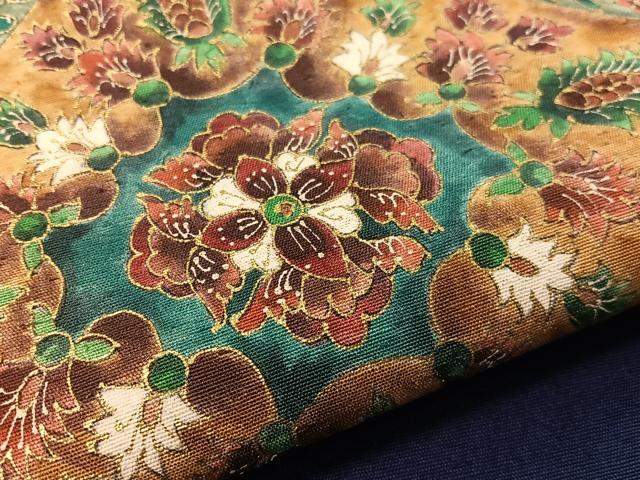 平和屋着物●九寸名古屋帯　ひげ紬　更紗菱文　金彩　正絹　逸品　CABF0774vp