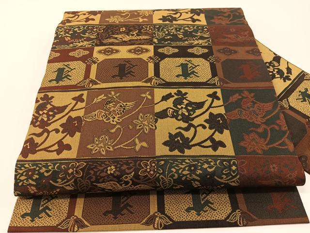 平和屋着物●全通柄　九寸名古屋帯　更紗吉祥花鳥文　正絹　逸品　CABF0778vp