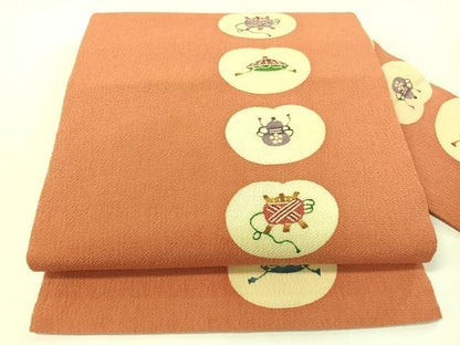 平和屋着物●九寸名古屋帯　型染め　糸巻き　瓢箪　鬼しぼ縮緬　正絹　逸品　CABF0782vp