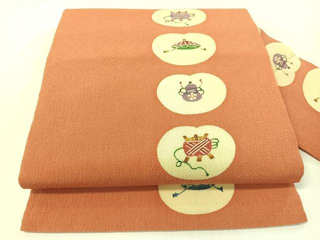平和屋着物●九寸名古屋帯　型染め　糸巻き　瓢箪　鬼しぼ縮緬　正絹　逸品　CABF0782vp