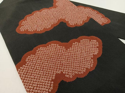 平和屋着物●塩瀬　九寸名古屋帯　絞り　雲取り文　黒地　正絹　逸品　CABF0783vp