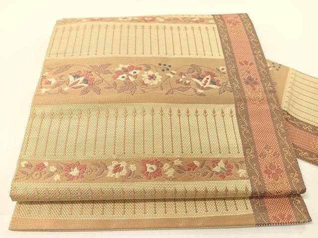 平和屋着物●本場筑前博多織　八寸名古屋帯　市松織　更紗横段文　正絹　逸品　CABF0788vp