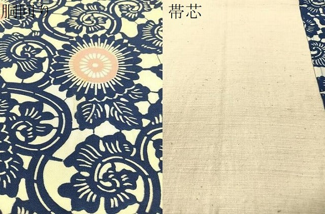 平和屋着物●九寸開き名古屋帯　型染め　藍　菊唐草文　綿　逸品　CABF0789vp