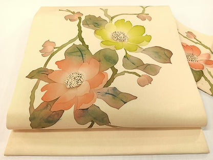 平和屋着物●塩瀬　九寸名古屋帯　ろうけつ染め　枝花文　正絹　逸品　CABF0790vp