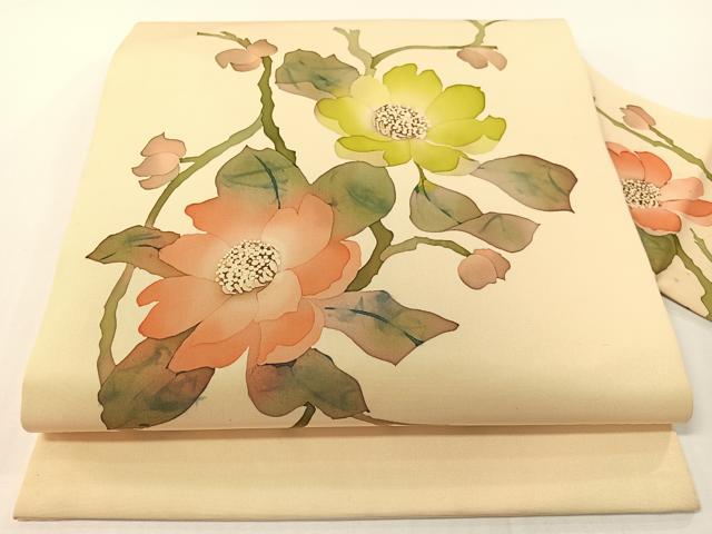 平和屋着物●塩瀬　九寸名古屋帯　ろうけつ染め　枝花文　正絹　逸品　CABF0790vp