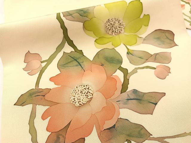 平和屋着物●塩瀬　九寸名古屋帯　ろうけつ染め　枝花文　正絹　逸品　CABF0790vp