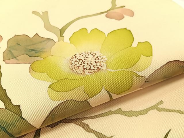 平和屋着物●塩瀬　九寸名古屋帯　ろうけつ染め　枝花文　正絹　逸品　CABF0790vp