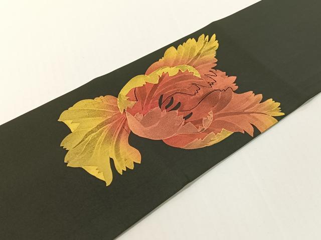 平和屋着物●塩瀬　九寸名古屋帯　作家物　手描き　ろうけつ染め　枝花文　黒地　正絹　逸品　CABF0791vp