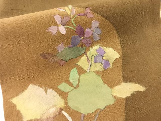 平和屋着物●九寸名古屋帯　紬地　絞り　和紙　草花文　正絹　逸品　CABF0794vp
