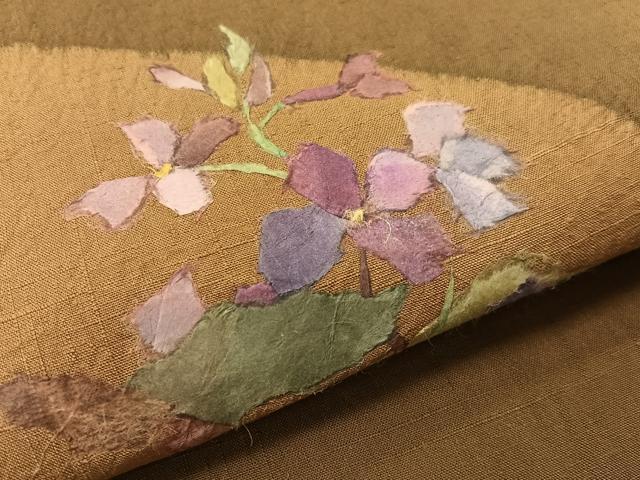 平和屋着物●九寸名古屋帯　紬地　絞り　和紙　草花文　正絹　逸品　CABF0794vp