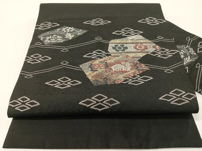 平和屋着物●九寸名古屋帯　すくい織　有栖川錦　黒地　正絹　逸品　CABF0796vp