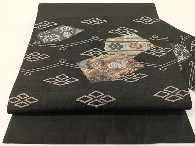 平和屋着物●九寸名古屋帯　すくい織　有栖川錦　黒地　正絹　逸品　CABF0796vp