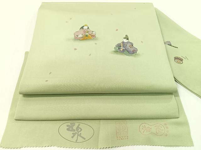 平和屋着物●塩瀬　九寸名古屋帯　作家物　手描き　雛人形　五泉　反端付き　正絹　逸品　CABF0799vp