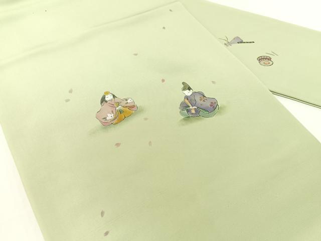平和屋着物●塩瀬　九寸名古屋帯　作家物　手描き　雛人形　五泉　反端付き　正絹　逸品　CABF0799vp