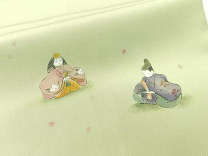 平和屋着物●塩瀬　九寸名古屋帯　作家物　手描き　雛人形　五泉　反端付き　正絹　逸品　CABF0799vp
