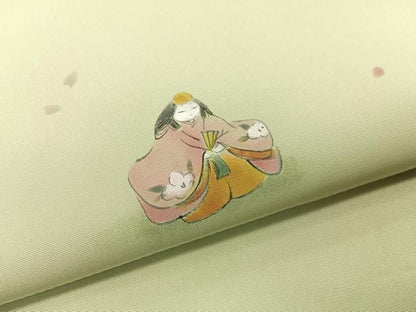 平和屋着物●塩瀬　九寸名古屋帯　作家物　手描き　雛人形　五泉　反端付き　正絹　逸品　CABF0799vp