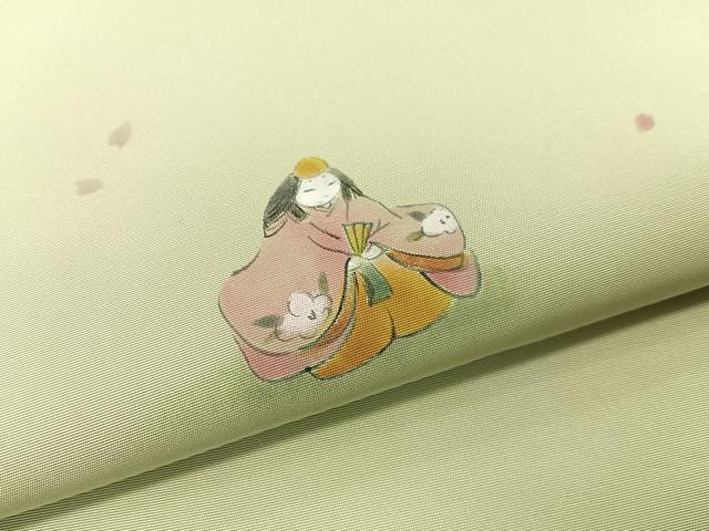 平和屋着物●塩瀬　九寸名古屋帯　作家物　手描き　雛人形　五泉　反端付き　正絹　逸品　CABF0799vp