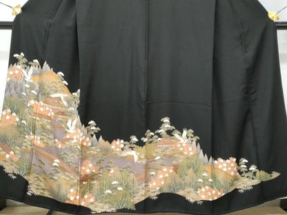 平和屋着物■豪華黒留袖　遠山飛鶴風景文　正絹　逸品　CABF0877fb