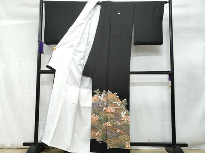 平和屋着物■豪華黒留袖　遠山飛鶴風景文　正絹　逸品　CABF0877fb