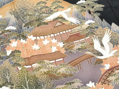 平和屋着物■豪華黒留袖　遠山飛鶴風景文　正絹　逸品　CABF0877fb