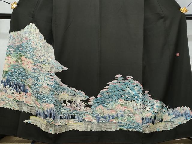 平和屋着物■豪華黒留袖　友禅　作家物　風景樹林文　正絹　逸品　CABF0919fb