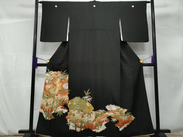 平和屋着物■豪華黒留袖 駒刺繍 地紙笹竹草花文 金彩 正絹 逸品 CABF0920fb
