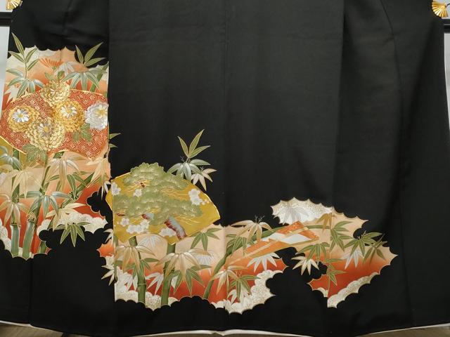 平和屋着物■豪華黒留袖 駒刺繍 地紙笹竹草花文 金彩 正絹 逸品 CABF0920fb