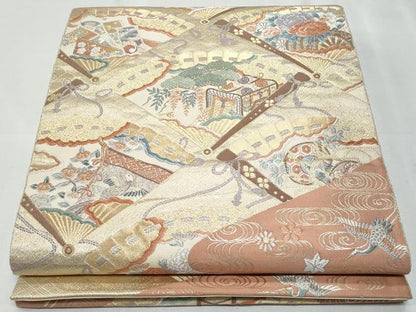 平和屋着物◎六通柄袋帯　唐織　九百錦　能華扇面文　金糸　正絹　逸品　CABF1026fb