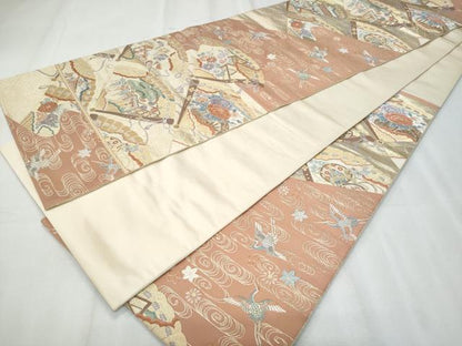 平和屋着物◎六通柄袋帯　唐織　九百錦　能華扇面文　金糸　正絹　逸品　CABF1026fb