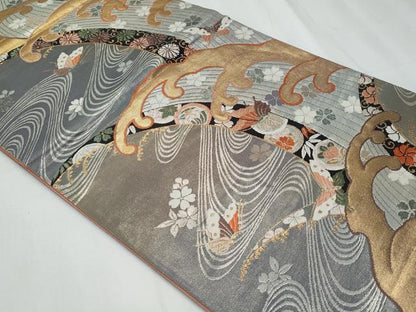 平和屋着物◎六通柄袋帯　唐織　立波舞蝶花文　金銀糸　正絹　逸品　CABF1031fb