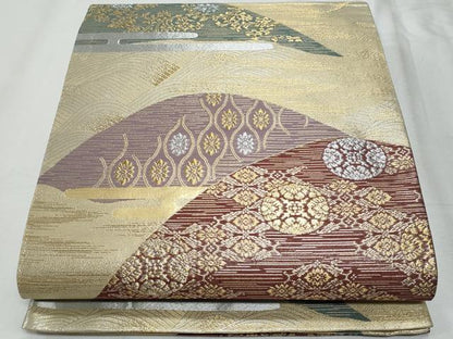 平和屋着物◎六通柄袋帯　遠山草花文　金銀糸　正絹　逸品　CABF1033fb