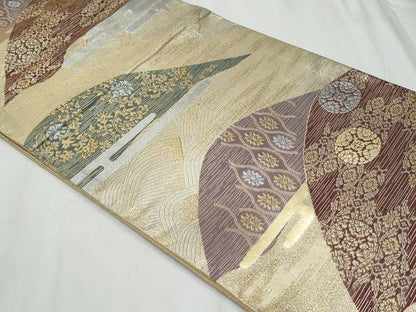 平和屋着物◎六通柄袋帯　遠山草花文　金銀糸　正絹　逸品　CABF1033fb