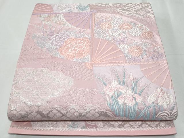 平和屋着物◎六通柄袋帯　唐織　扇面雲取り花文　銀糸　正絹　逸品　CABF1036fb