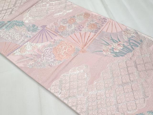 平和屋着物◎六通柄袋帯　唐織　扇面雲取り花文　銀糸　正絹　逸品　CABF1036fb