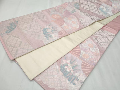平和屋着物◎六通柄袋帯　唐織　扇面雲取り花文　銀糸　正絹　逸品　CABF1036fb